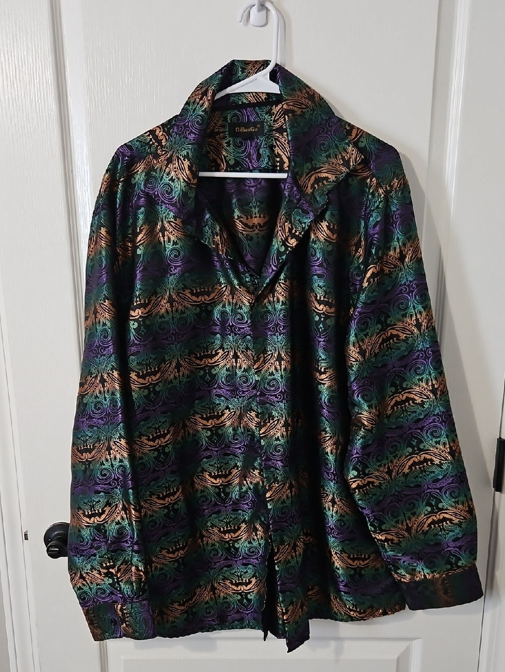 Diba Brocade Shirt in Green, Purple & Gold Scrolls